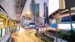 Twilight view cityscape, commercial buildings and modern condominiums in the area of ​​Asoke intersection, Bangkok, Thailand